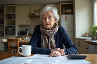 Femme retraitée en cuisine avec documents fiscaux