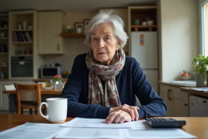 Femme retraitée en cuisine avec documents fiscaux