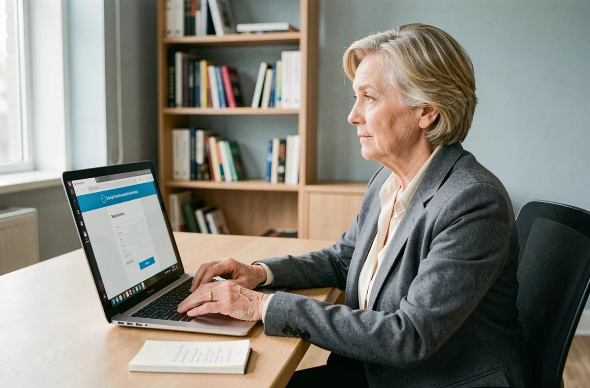Femme retraitée s'inscrivant en ligne à la complémentaire santé SG Retraités sur son ordinateur portable