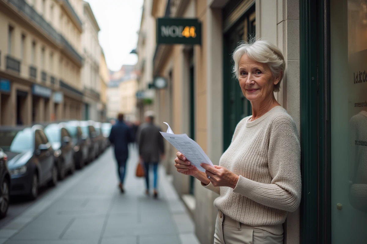 Femme retraitée vérifiant un relevé de pension devant une banque