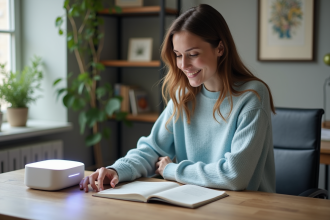 Femme en bureau avec lampe de luminotherapie et journal