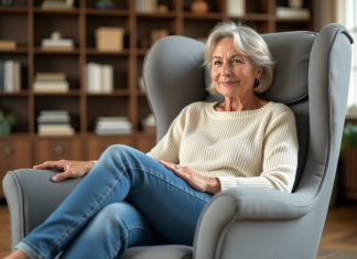 Femme assise dans un fauteuil en tissu confortable