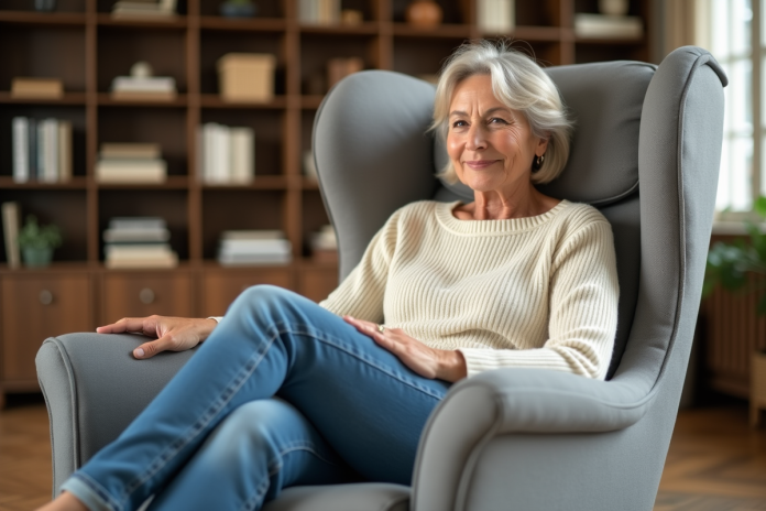 femme-salon-confortable Femme assise dans un fauteuil en tissu confortable