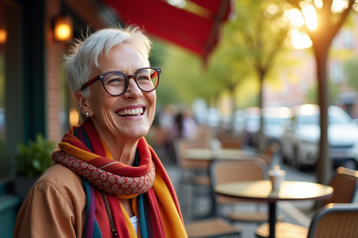 Femme senior élégante riant en terrasse en plein air
