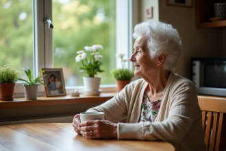 Femme senior pensant près de la fenêtre dans la cuisine