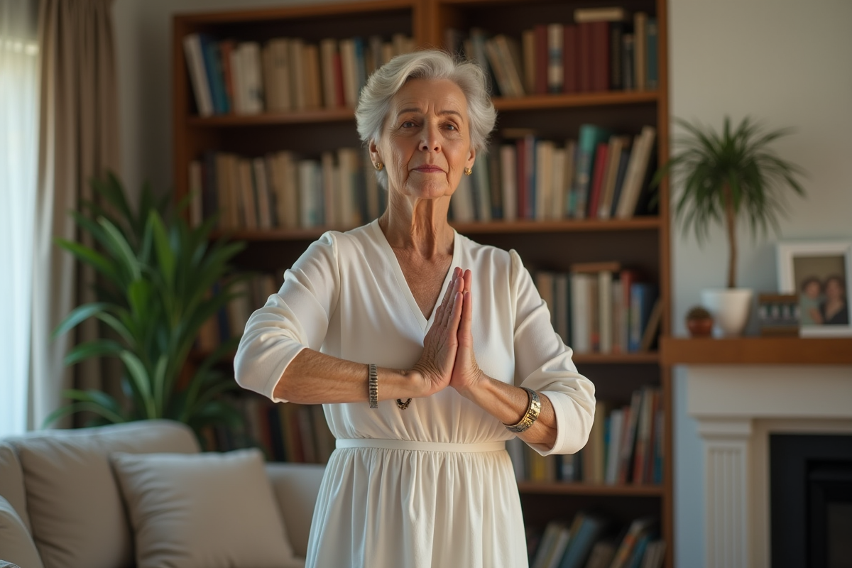 Femme senior en danse expressive dans un salon chaleureux