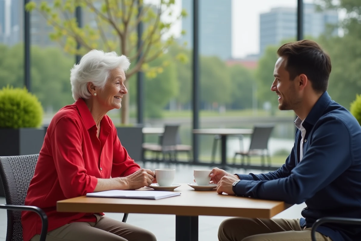 Femme senior discutant avec un collègue au café en extérieur