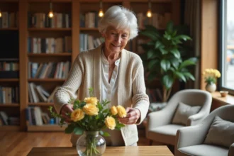 Femme senior souriante arrangeant des fleurs dans un salon chaleureux