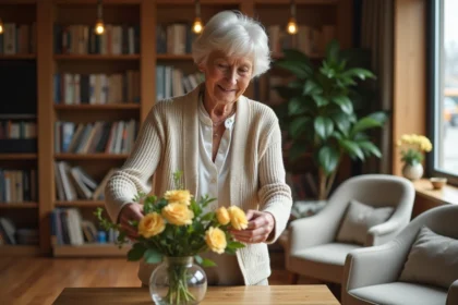 Femme senior souriante arrangeant des fleurs dans un salon chaleureux