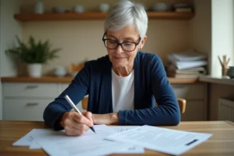 Femme senior remplissant un formulaire de retraite à la table de sa cuisine avec attention et sérénité