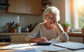 Femme senior assise à la cuisine examinant des documents et factures