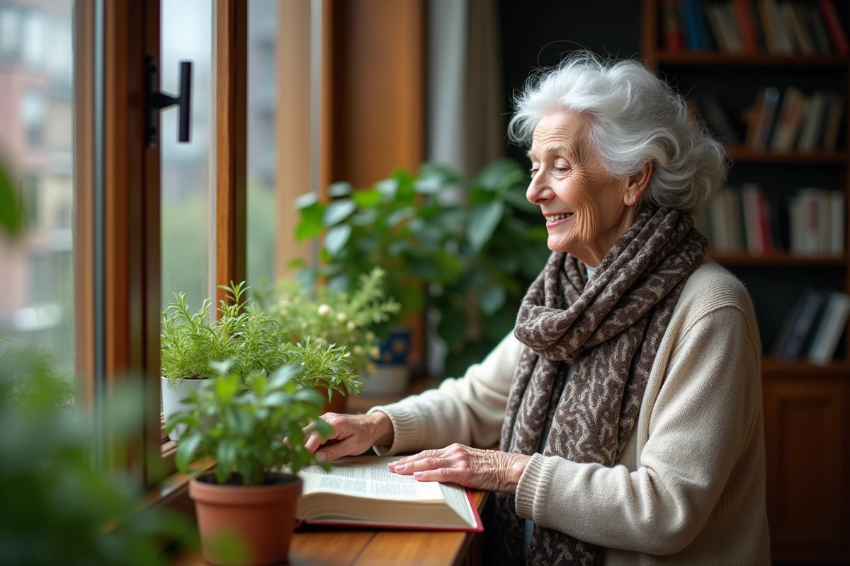 Femme senior souriante entre ses plantes d'intérieur lumineuses