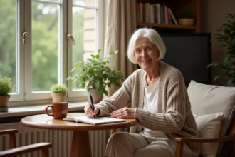 Femme senior souriante écrivant dans un salon lumineux