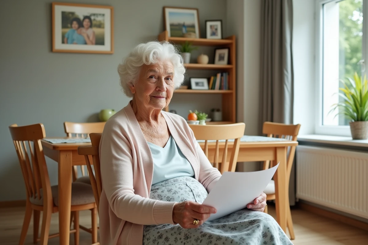 Femme âgée dans une maison de retraite lisant des papiers