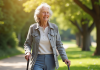 Femme senior souriante marche dans un parc ensoleille avec une canne ergonomique