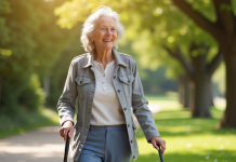 Femme senior souriante marche dans un parc ensoleille avec une canne ergonomique