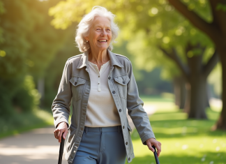 Meilleure canne pour stabiliser seniors : comment choisir ? Femme senior souriante marche dans un parc ensoleille avec une canne ergonomique
