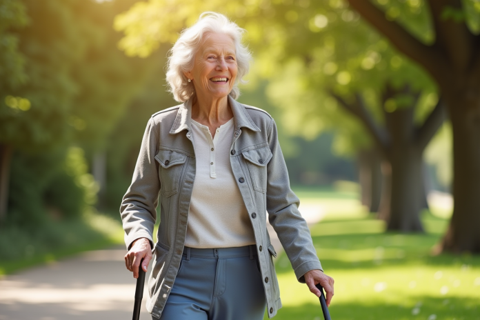 Femme senior souriante marche dans un parc ensoleille avec une canne ergonomique
