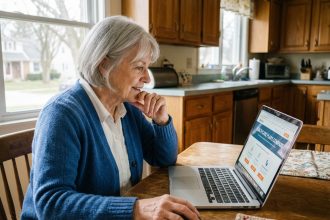 Femme senior utilisant un ordinateur pour comparer des soins de santé