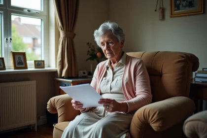 Femme âgée en intérieur examinant des papiers avec inquiétude