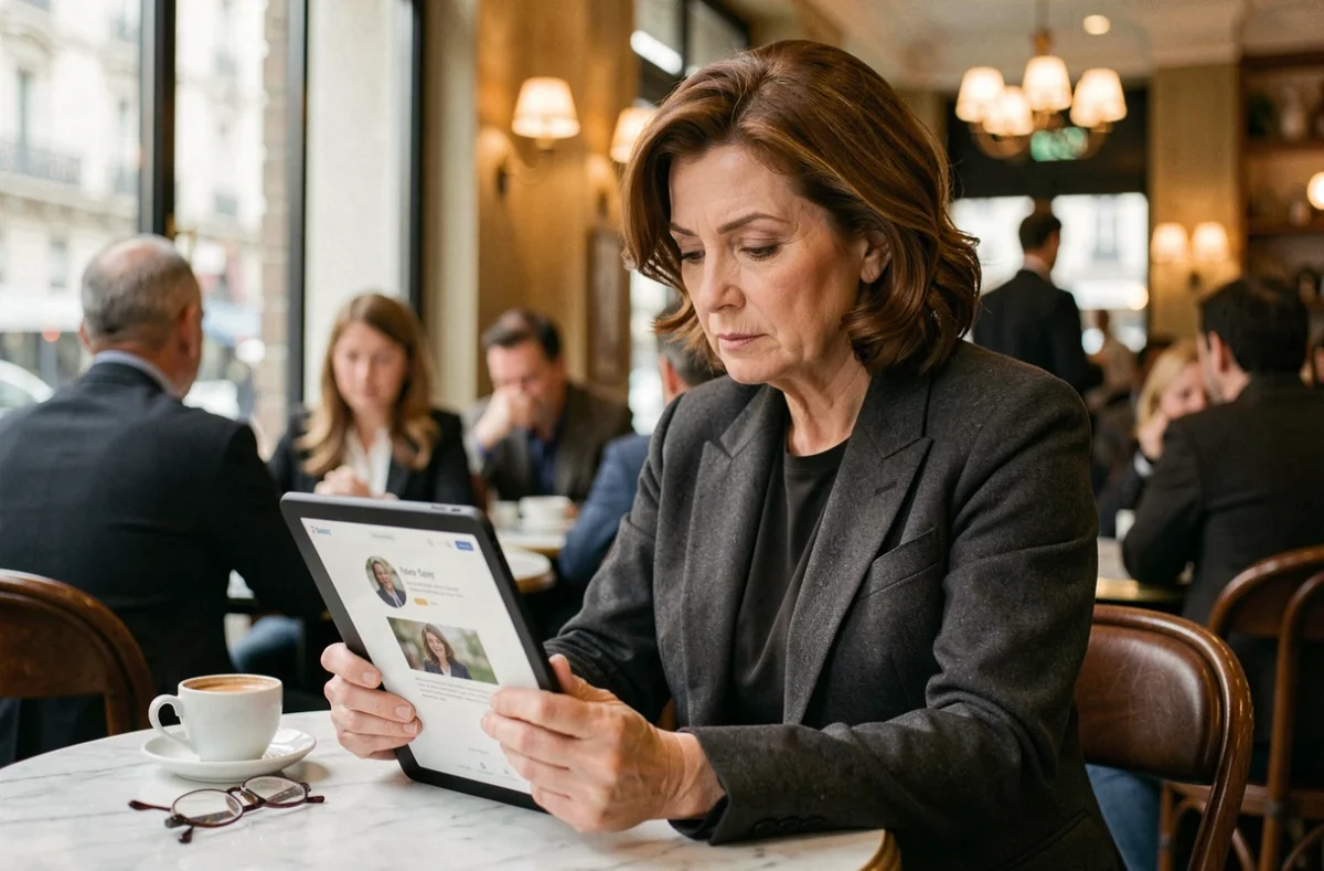 Femme senior élégante vérifiant un profil sur une application de rencontre haut de gamme dans un café parisien