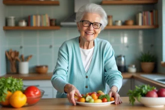Femme senior souriante préparant une salade colorée dans la cuisine