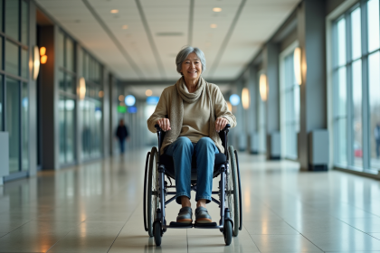 Femme âgée en fauteuil roulant dans un couloir accessible