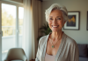 Femme senior souriante dans un salon lumineux et moderne