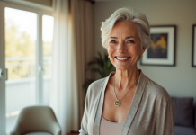 Femme senior souriante dans un salon lumineux et moderne