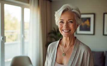 Renouvelez votre style avec une coiffure courte après 70 ans Femme senior souriante dans un salon lumineux et moderne