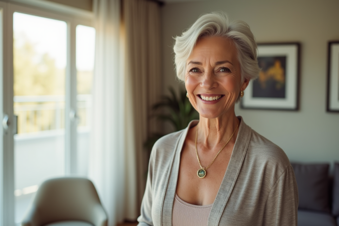 Femme senior souriante dans un salon lumineux et moderne