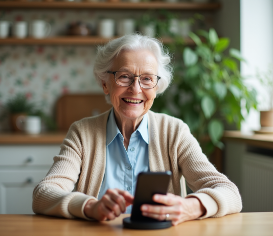 Téléphone portable senior avec base fixe : les avantages expliqués Femme senior souriante utilisant un téléphone portable à la maison