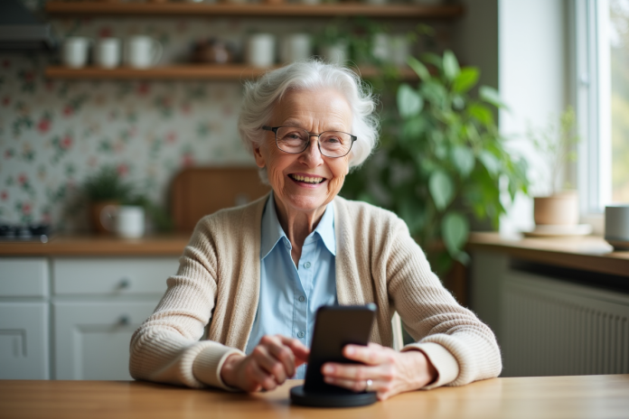 femme-senior-telephone-charging Femme senior souriante utilisant un téléphone portable à la maison