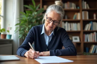 Femme âgée signant un document dans un bureau lumineux