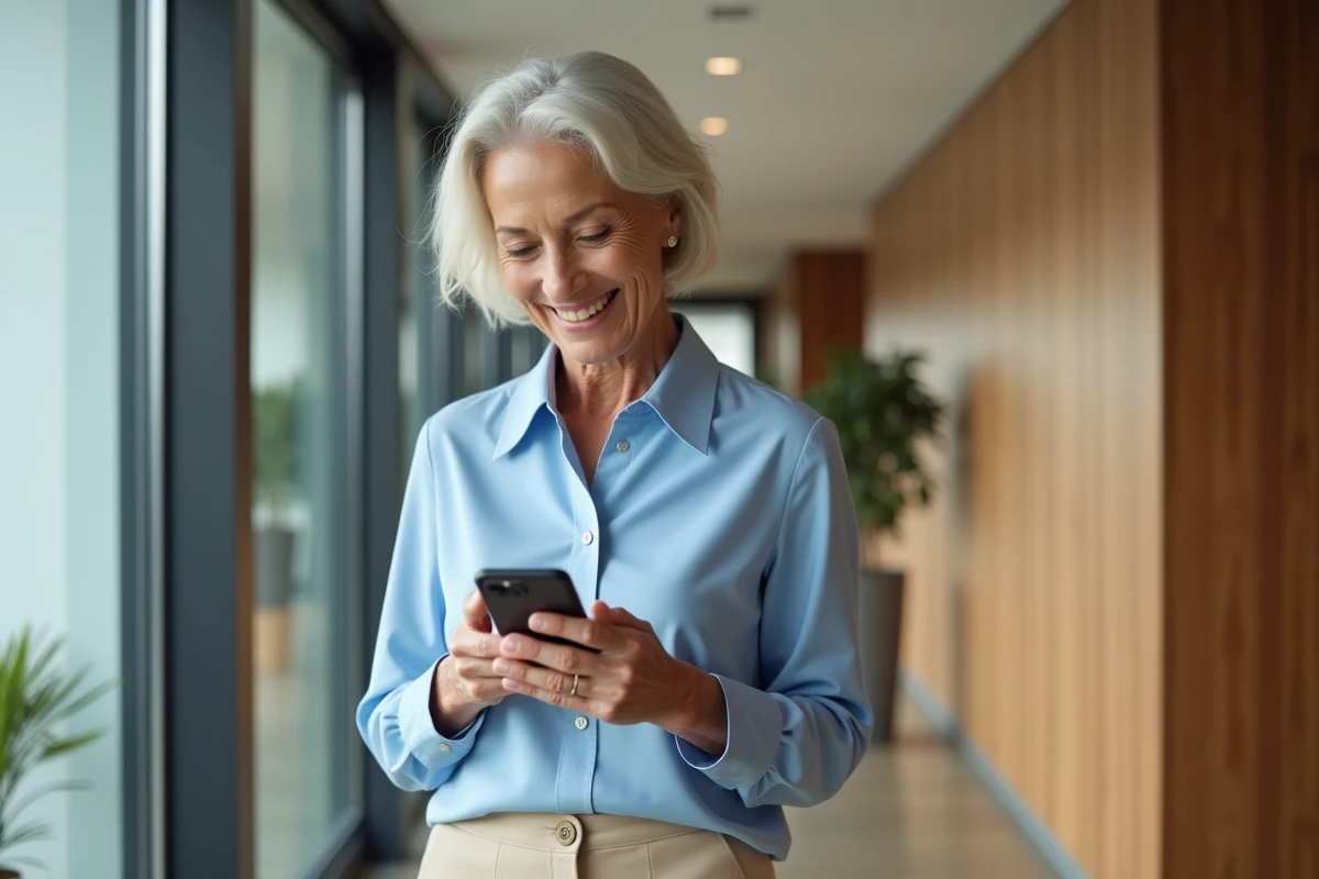Femme souriante en bureau moderne avec téléphone