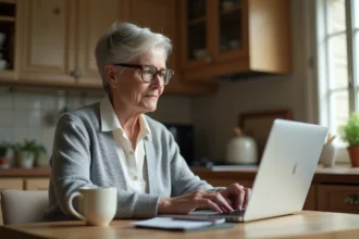 Une femme d'âge mûr navigue sur le site Mon Proxima pour télécharger un document administratif pour majeur protégé