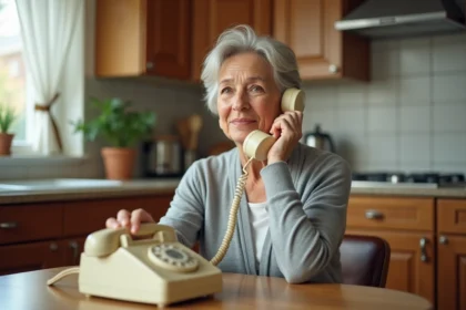 Femme utilisant un téléphone fixe filaire classique dans une cuisine chaleureuse, illustrant l'usage d'une ligne fixe sans internet