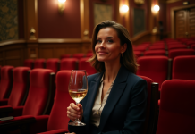 Théâtre : pourquoi ne pas siroter un verre pendant le spectacle ? Femme élégante dans un théâtre avec verre de vin
