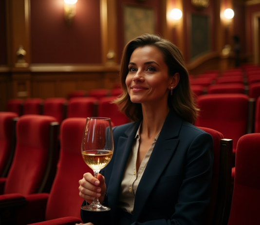 Théâtre : pourquoi ne pas siroter un verre pendant le spectacle ? Femme élégante dans un théâtre avec verre de vin