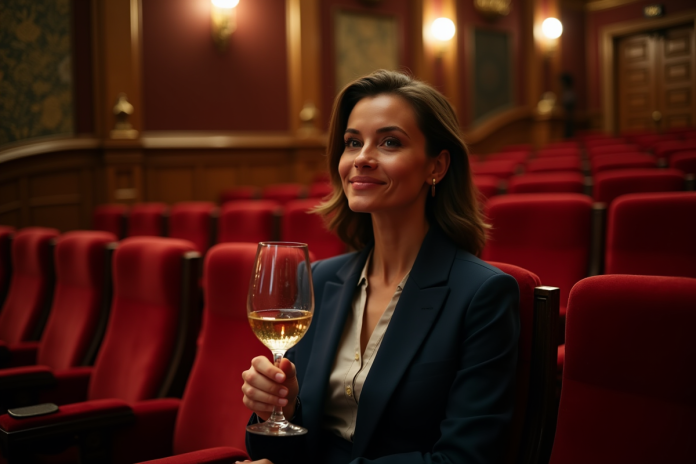 femme-theatre-verre-vin Femme élégante dans un théâtre avec verre de vin