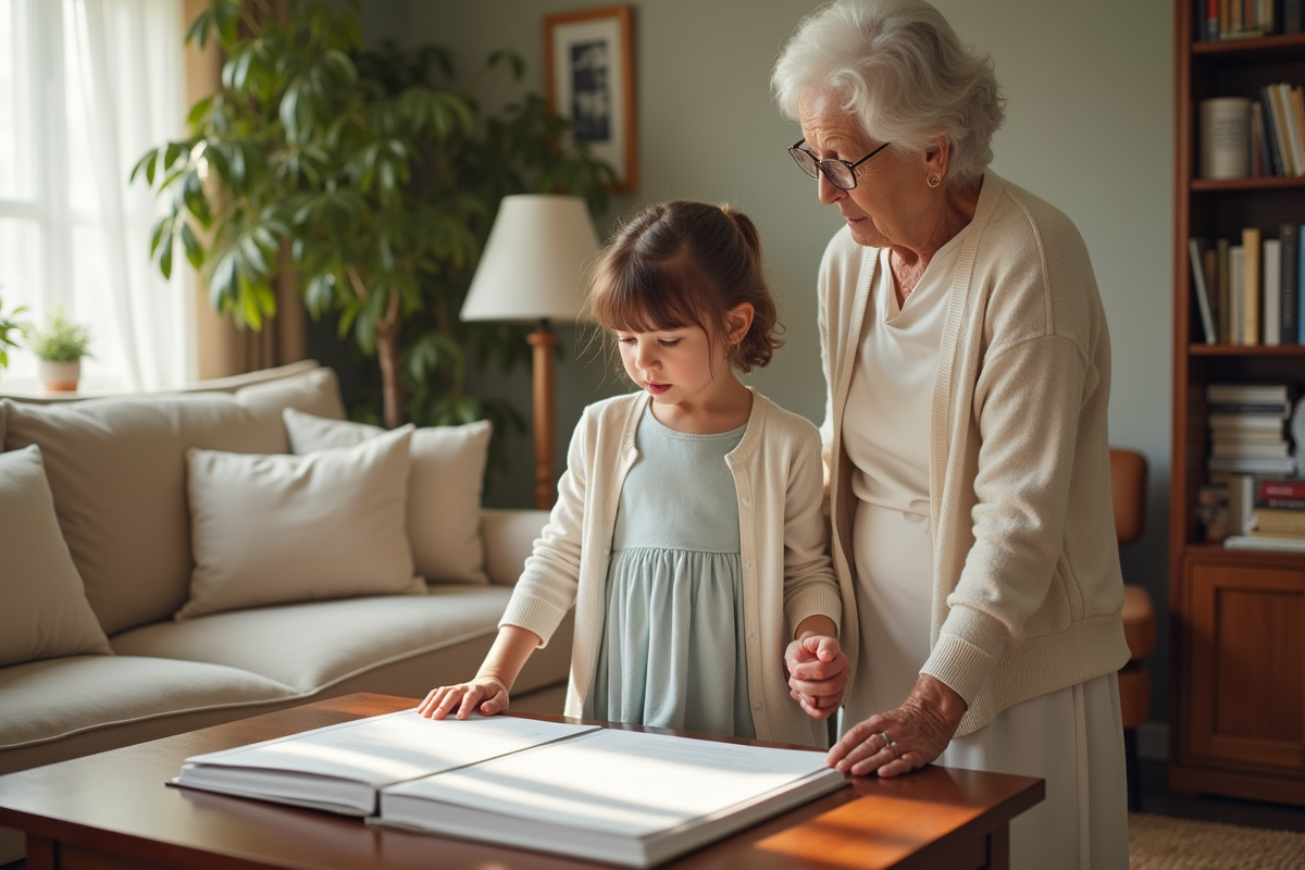 Fille de 8 ans avec sa grand-mere regardant un document