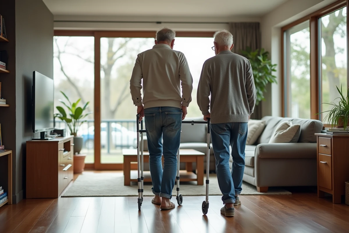 Fils soutenant son père âgé dans un salon moderne et spacieux
