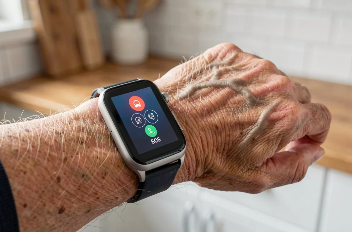 Gros plan sur les fonctionnalités de sécurité d'une montre SOS senior avec bouton d'urgence visible