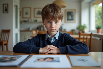 Garçon de 10 ans pensif avec documents et photo de famille