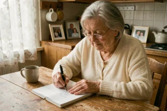 Grand-mère âgée écrivant un poème personnel dans un carnet à la table de sa cuisine, atmosphère chaleureuse et intime