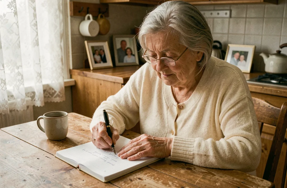 Grand-mère âgée écrivant un poème personnel dans un carnet à la table de sa cuisine, atmosphère chaleureuse et intime