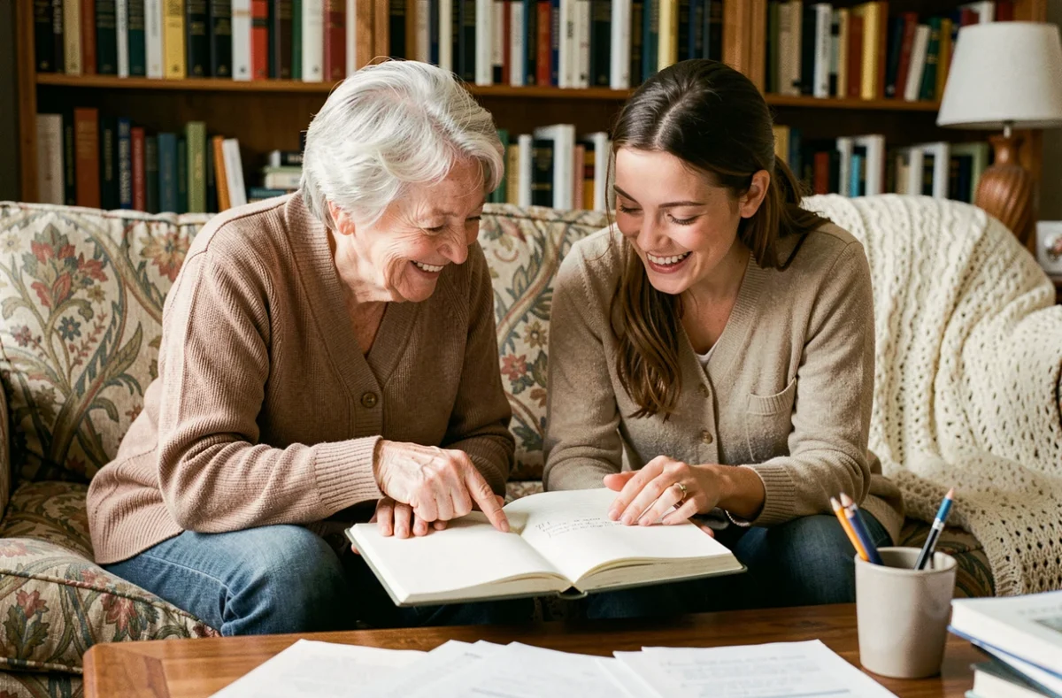 Grand-mère et petite-fille collaborant ensemble sur l'écriture d'un poème personnalisé dans un salon chaleureux