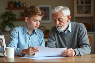 Jeune garçon et grand-pere examinent des papiers ensemble