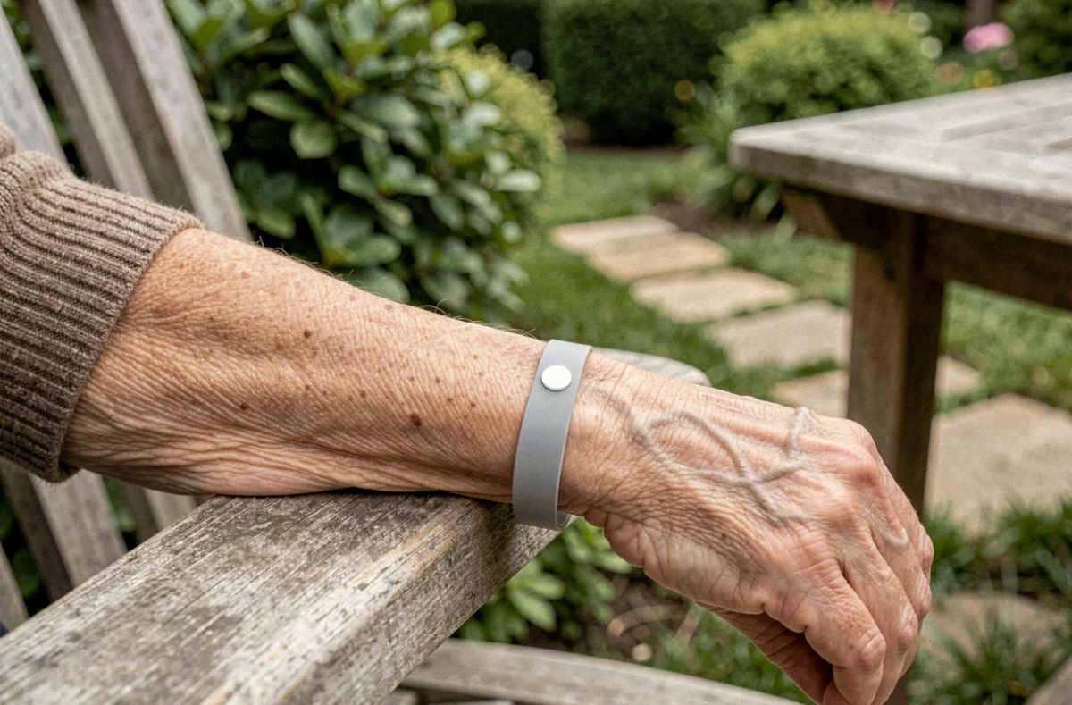 Gros plan sur un bracelet anti-chute senior sans abonnement porté au poignet d'une femme âgée dans un jardin résidentiel