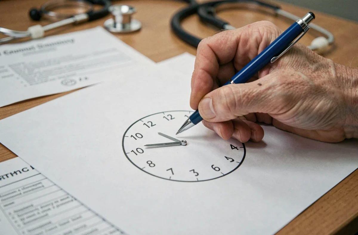Gros plan sur un dessin d'horloge réalisé par une personne âgée lors d'un test cognitif médical